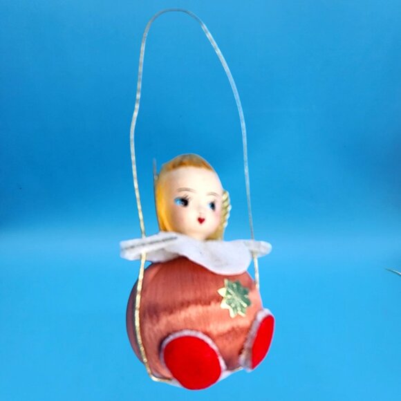 Vintage 1960s Satin Ball Angel Ornament Foil Wings Spun Cotton Composite Face v4 - Picture 7 of 9